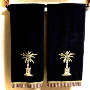 NWT AVANTI LINENS The Look- 2 Luxury Bath Towels Blk\Gold Embroidered Palm Tree